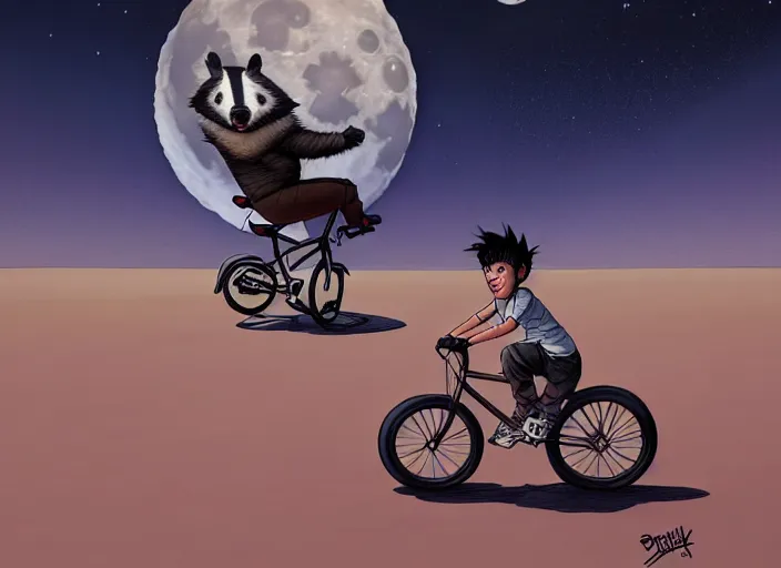 Image similar to a cell shaded cartoon badger riding a bicycle, with a big head, on a desert road, wide shot, in front of a big moon, muted colors, post grunge, josan gonzales, wlop, by james jean, victor ngai, hq, deviantart, art by artgerm