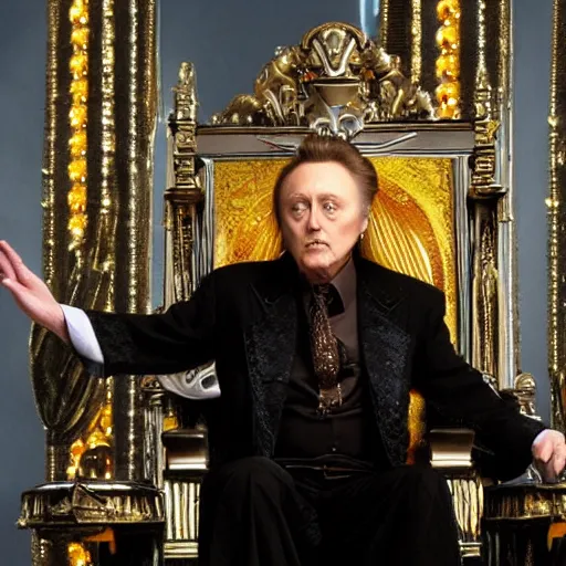 Image similar to Christopher Walken as a menacing space emperor seated on an ostentatious throne