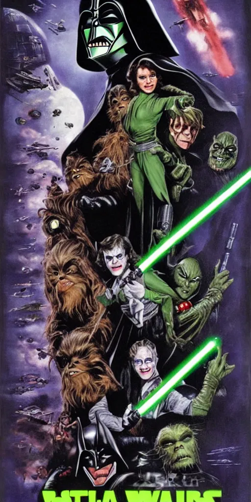 Prompt: a Star Wars Return of the Jedi movie poster with Batman, the Joker, the Green Goblin, and Catwoman