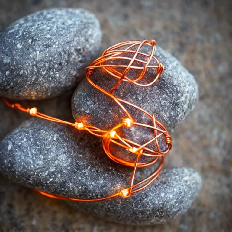 Image similar to photo of a pebble wrapped in copper wire. lots of copper wire! glowing runes drawn on pebble. extremely high details