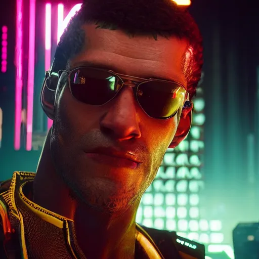 Prompt: Portrait of Ozob in Cyberpunk 2077, 8K, cinematic, moody, nihilism, atmospheric, brazen, squishy in the middle