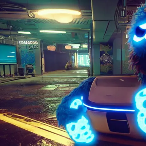 Image similar to cookie monster in cyberpunk 2 0 7 7 unreal engine 5 8 k hyperdetailed