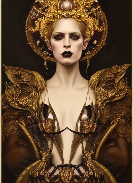 Prompt: highly detailed oil painting | very intricate | cinematic lighting | award - winning | portrait of the goddess of goth dressed by alexander mcqueen | by roberto ferri, by tom bagshaw, by j. c. leyendecker and klimt, american romanticism, by austin osman spare, artstation, cgsociety, official art, octane