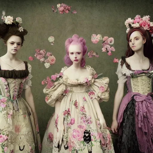 Image similar to 8k, octane render, realism, tonalism, renaissance, rococo, baroque, group of creepy young ladies wearing long tonal harajuku manga dress with flowers and skulls, background chaotic flowers