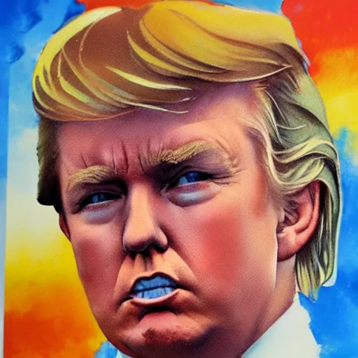 Image similar to photorealistic picture, by bob peak and alex ross, young donald trump propaganda poster, gouache and wash paints, fine details, fine intricate, fine facial proportionate, fine body proportionate, fine fix broken line, fine fix duplicate line, smooth focus, sharp details, bokeh, 4 k, fine 5 k details