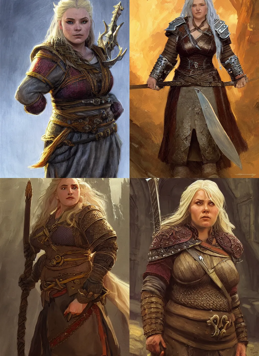 Prompt: Female dwarf. A noble dwarven warrior and blacksmith with a chubby plump body. blonde braided hair. Fantasy concept art. Moody Epic painting by James Gurney, and donato giancola. ArtstationHQ. painting with Vivid color. (Dragon age, witcher 3, lotr)