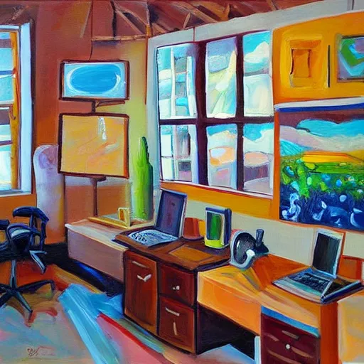 Image similar to painting gallery workplace, art style by bryen frost