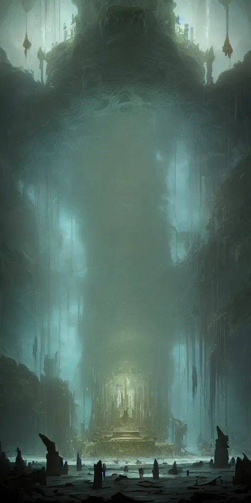 Image similar to Detailed Interior of the Drowned temple, shattering walls, creeping gloom, light shafts, the glowing throne, stunning atmosphere, in Style of Peter Mohrbacher, cinematic lighting