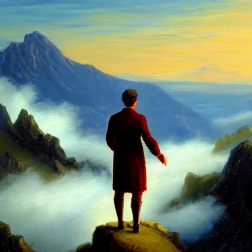 Image similar to painting of a wanderer wearing a suit above the sea of fog standing atop the mountain