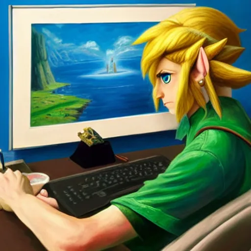 Image similar to link from zelda using computer, painting by by ralph grady james, jean christian biville