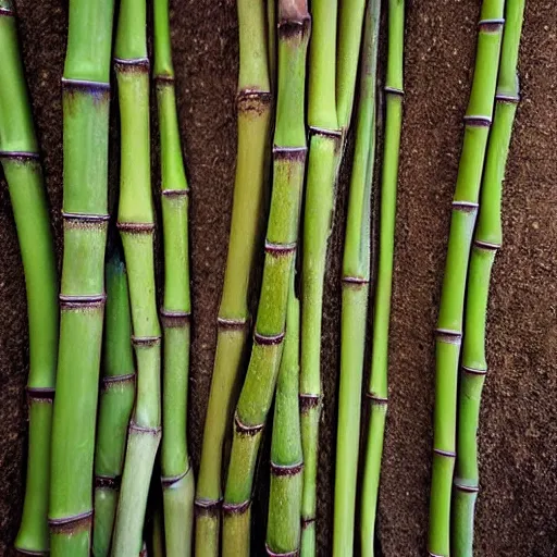 Prompt: beautiful portrait of bamboo pods haning from a cliff