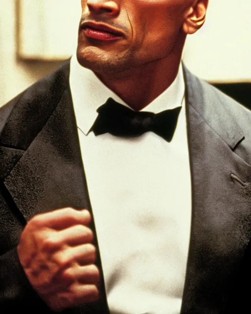 Image similar to film still close up shot of dwayne johnson as vito corleone from the movie the godfather. photographic, photography