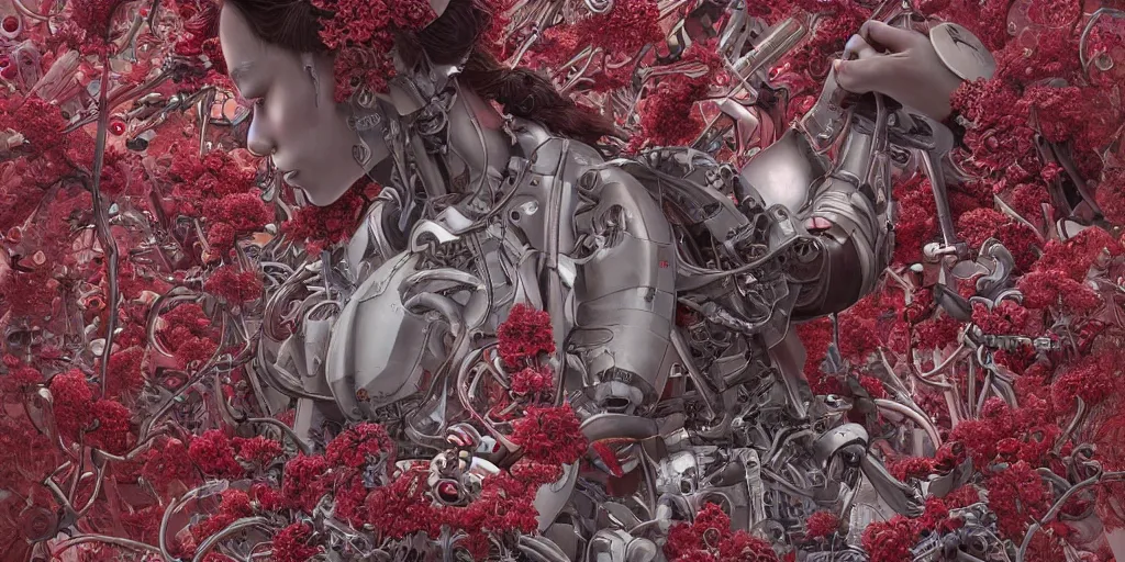 Prompt: hyperrealistic photography of a highly detailed and symmetrical cyborg crafting a machine that makes maroon flowers in the style of Jin Kagetsu, James Jean and wlop, highly detailed, masterpiece, award-winning, sharp focus, intricate concept art, ambient lighting, 8k, artstation