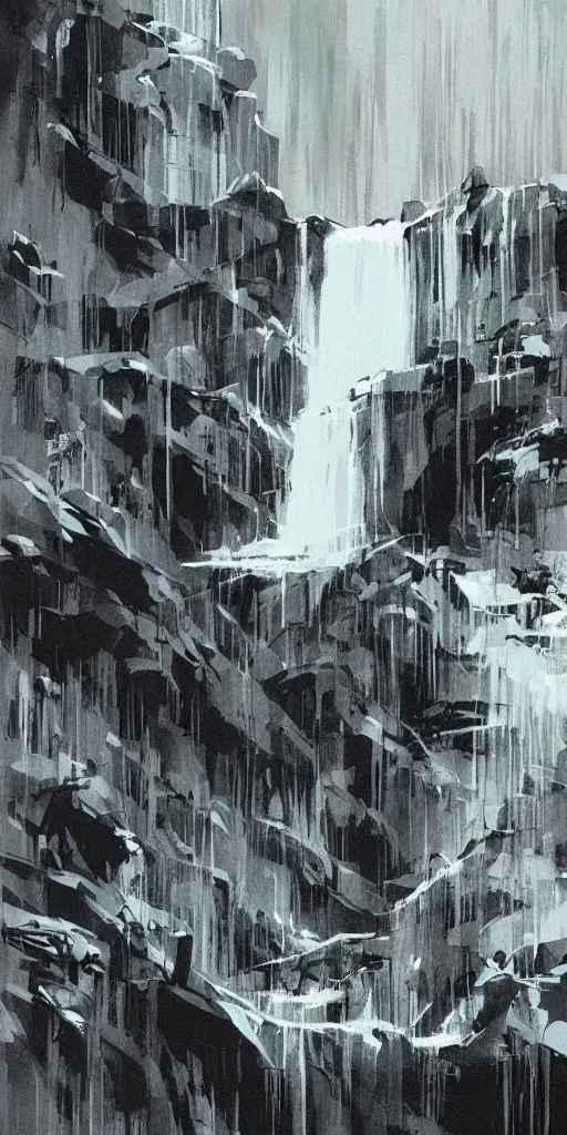 Image similar to eerie waterfall, ashley wood illustration