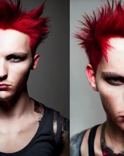 Image similar to young man with a short red dyed mohawk, red eyes and a slim face, dressed in punk clothing, headshot photo, attractive, handsome, in color, no makeup, model