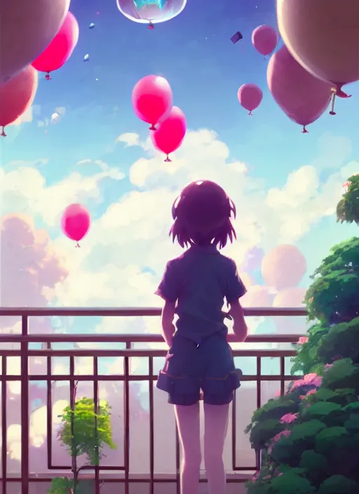 Prompt: girl stand in the a balcony where plants and flowers all around, she is watching a lot of balloons flying over, epic perspective, illustration concept art anime key visual trending pixiv fanbox by wlop and greg rutkowski and makoto shinkai and studio ghibli