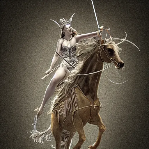 Prompt: Artemis, goddess of the hunt riding on top of a mythical crrature holding a spear. 4k, award winning, concept art, high quality