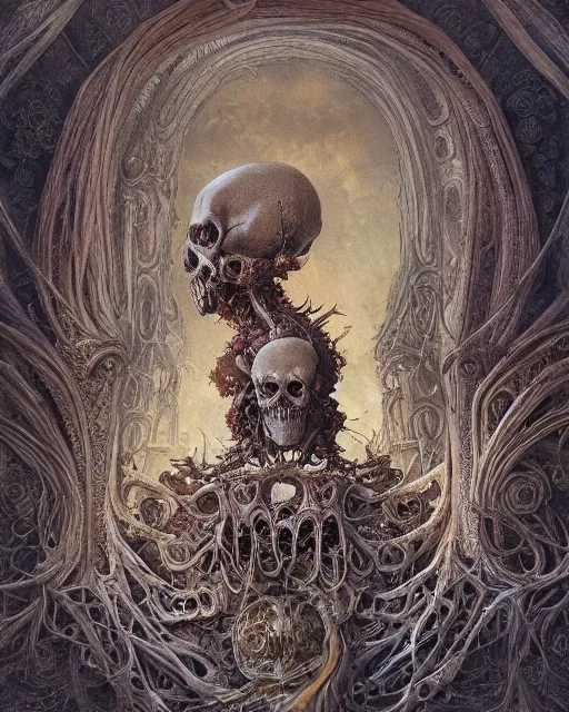 Image similar to a beautiful detailed front view of a dead rotten skull with ornate growing around, ornamentation made of baroque architecture, elegant, beautifully soft lit, by wayne barlowe, peter mohrbacher, kelly mckernan