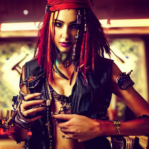 Image similar to a high quality portrait of a beautiful stunning pirate in a cyberpunk cyberpunk cyberpunk cafe, realism, 8k, award winning photo