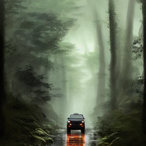 Image similar to a landrover crossing a forest path while its raining, digital art, artstation, photgraphy, highly detailed, digital painting, artstation, concept art, sharp focus, illustration, art by greg rutkowski and artgerm