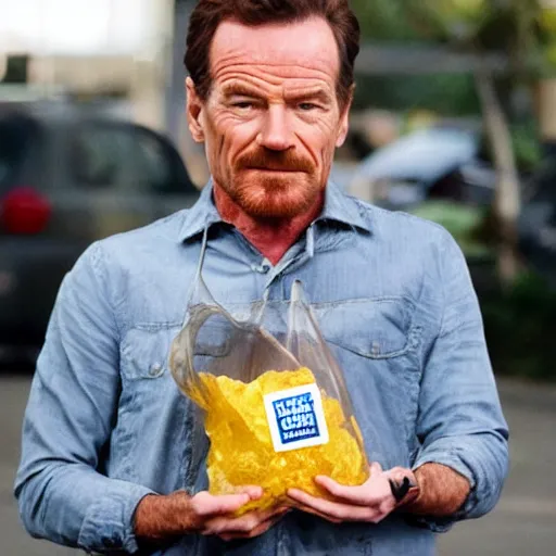 Prompt: bryan cranston holding a bag of meth inspired by Rene Laloux Dan Mumford