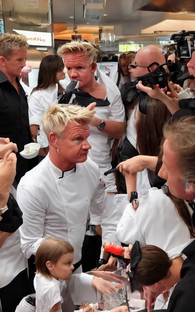 Image similar to gordon ramsay waiting in line at mcdonalds, high detailed sharp photo