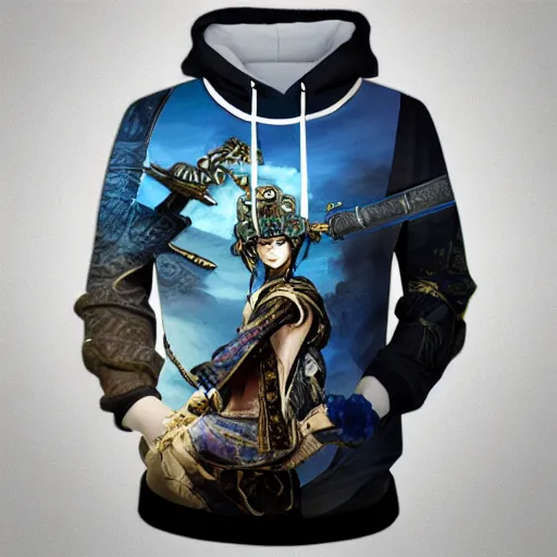 Prompt: ( ancient chinese princess with steampunk mask, dynasty warriors, elegant, unreal engine, 8 k, blue color scheme, headshot, highly detailed, smooth, ink painting, artstation, concept art, in style of yoji shinkawa, pan ren wei, col price, atey ghailan, by greg rutkowski, aesthetic ) printed on a hoodie