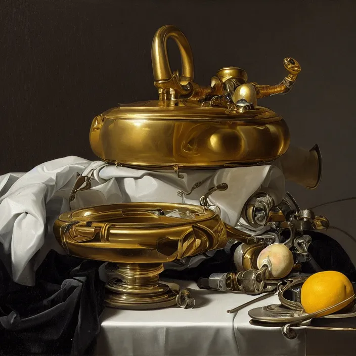 Image similar to still life painting of a cybernetic arm by pieter claesz, oil on canvas, strong lighting, highly detailed, hyper realism, golden hour, god rays, hd, 4 k