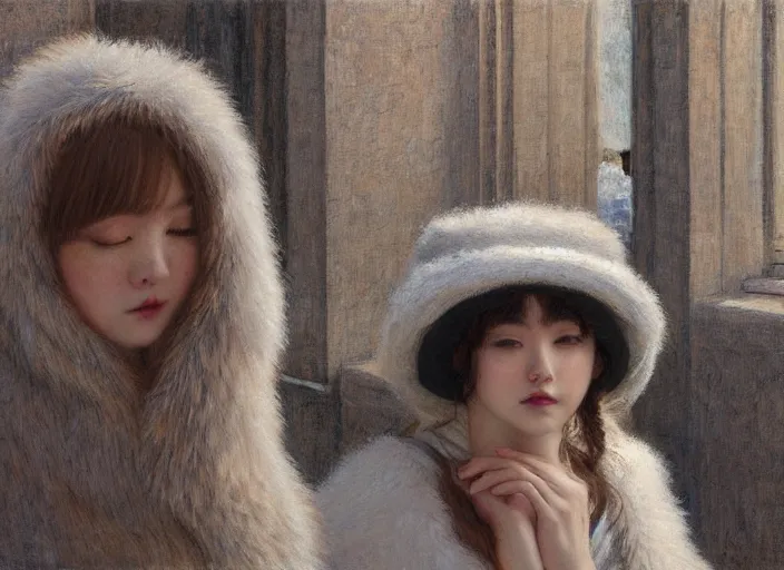 Image similar to people with white fur outside office, portrait face, in the style of jeremy enecio, intricate, miles johnston, monet, cynical realism, john william godward, painterly, yoshitaka amano, miles johnston, louise zhang, pekka halonen, finnish naturalism, realism