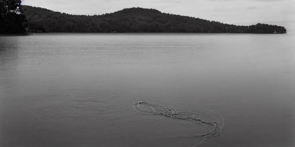 Prompt: centered photograph of a single line of infinitely long rope zig zagging snaking across the surface of the water into the distance, floating submerged rope stretching out towards the center of the lake, a dark lake beach on a cloudy day, color film, trees in the background, hyper - detailed photo, anamorphic lens
