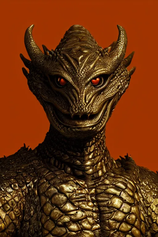 Prompt: a bronze-scaled dragonborn with numerous hornlike protrusions, dnd, fantasy, concept art, symmetrical face, reptilian features, beautiful bronze textured scales, glowing eyes, portrait, character portrait, Damien Guimoneau, Marcus Whinney, Keita Okada, Antonio J. Manzanedo, cinematic vision, ultra high detail, trending on artstation, 8k, high quality image