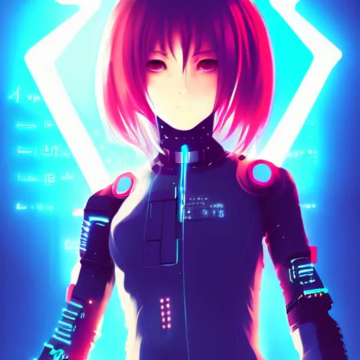 Prompt: digital cyberpunk anime fullbody!! character concept art gorgeous anime girl symmetrical face, small female android cyborg - angel glowing red left eye and glowing blue right eye, wlop, rossdraws, sakimimichan, ilya kuvshinov, krenz cushart, greg rutkowski.