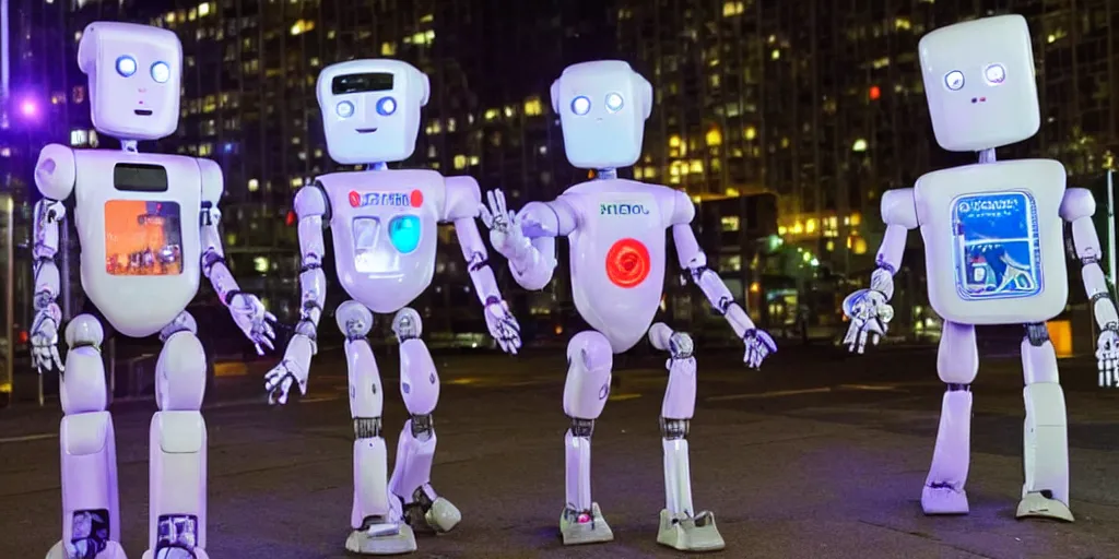 Prompt: two robots high fiving downtown at night