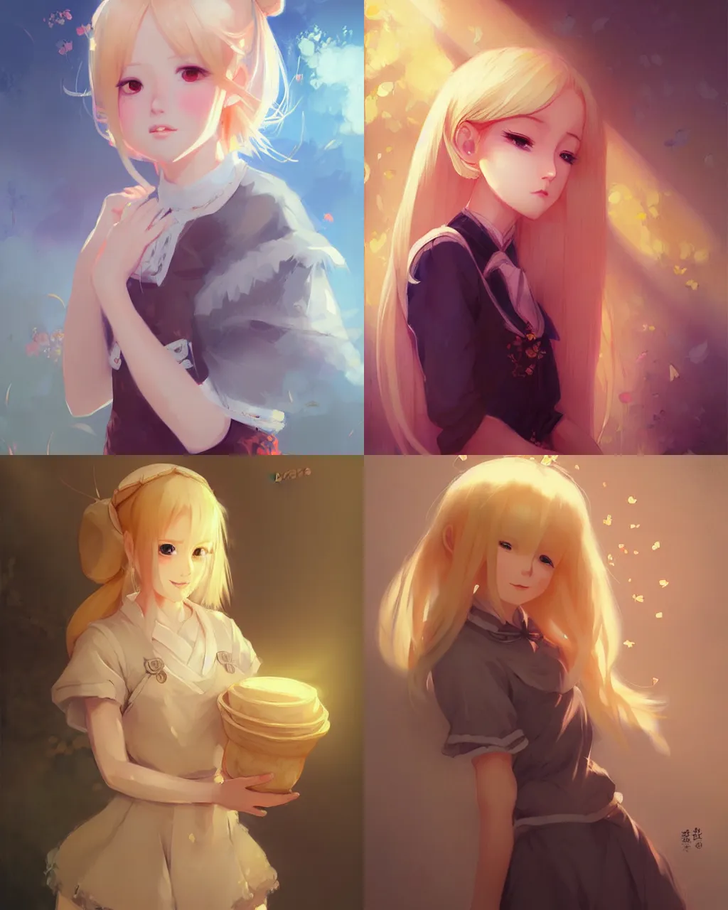 Prompt: girl with blonde hair and maid outfit, a beautiful portrait, japanese animation style, illustration, rim light, perfectly shaded, soft painting, art by krossdraws and wenjun lin