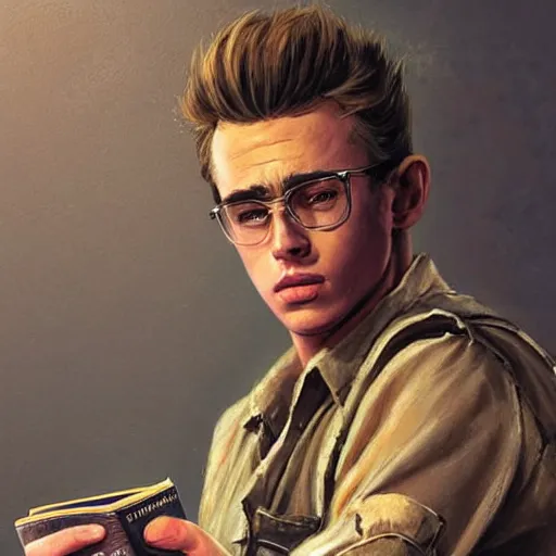 Image similar to a highly detailed epic cinematic concept art CG render digital painting artwork costume design: young James Dean as a well-kept neat anarchist rebel in 1950s USSR mechanic overalls and big boots, reading a book. By Greg Rutkowski, Ilya Kuvshinov, WLOP, Stanley Artgerm Lau, Ruan Jia and Fenghua Zhong, trending on ArtStation, subtle muted cinematic colors, made in Maya, Blender and Photoshop, octane render, excellent composition, cinematic atmosphere, dynamic dramatic cinematic lighting, aesthetic, very inspirational, arthouse