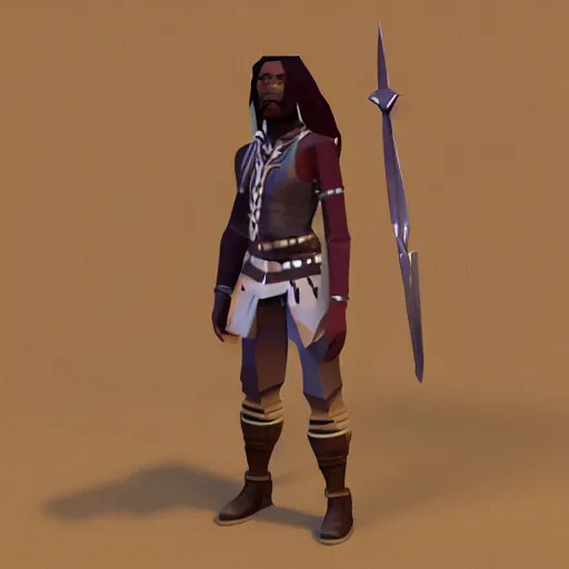 Prompt: low poly medieval hunter with african ethnicity and dreadlocks, plum color scheme, low poly character portrait, 90s video game asset