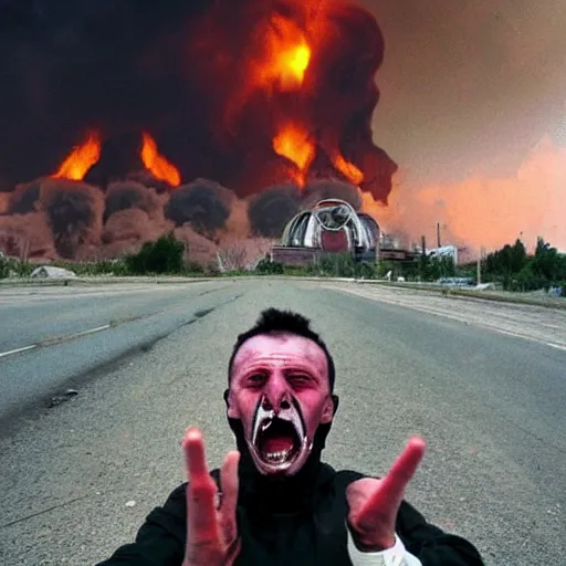 Image similar to selfie of a ukrainian screaming in pain and terrible injuries from a nuclear explosion, everything is on fire and radiation, in the background people look like zombies corpses and chocklets, a large nuclear explosion in the background