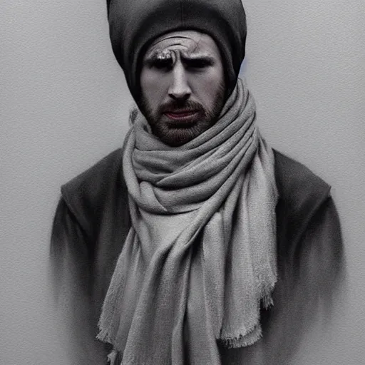 Prompt: chris evans!!!!!! wearing a babushka scarf, charcoal painting by zdzisław beksinski, trending on cgsociety, remodernism, matte drawing, zbrush, hyper realism