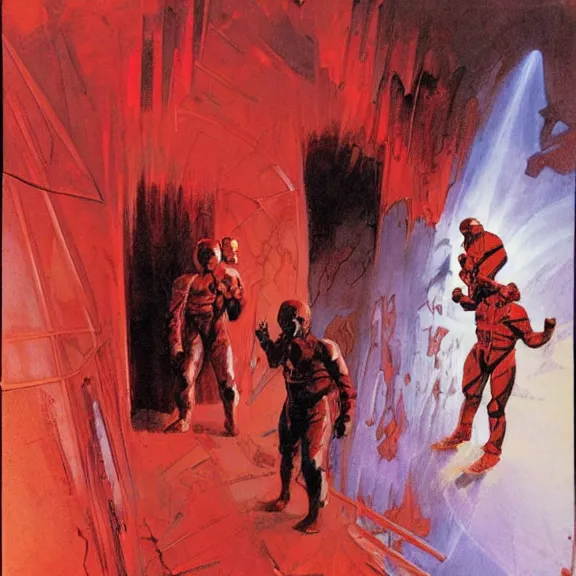 Prompt: two scientist wearing red hazmat suits entering the glowing geometric crystal dimensional gateway by frank frazetta