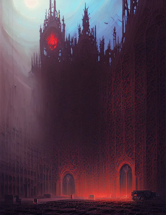 Image similar to detailed portrait, intricate complexity, by greg rutkowski, ross tran, conrad roset, takato yomamoto, ilya kuvshinov huge gothic crematorium on desert planet, elevator, side ramp entrance ambulance dead bodies, guards intricate, painting by lucian freud and mark brooks, bruce pennington, dark colors, neon, death, guards, nice style smoke