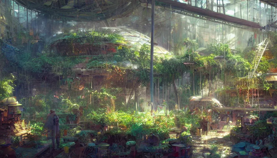 Image similar to craig mullins and ghibli digital illustration of the interior of a biodome, colorful, unreal engine, hyper realism, realistic shading, cinematic composition, realistic render, octane render, detailed textures, photorealistic, wide shot,