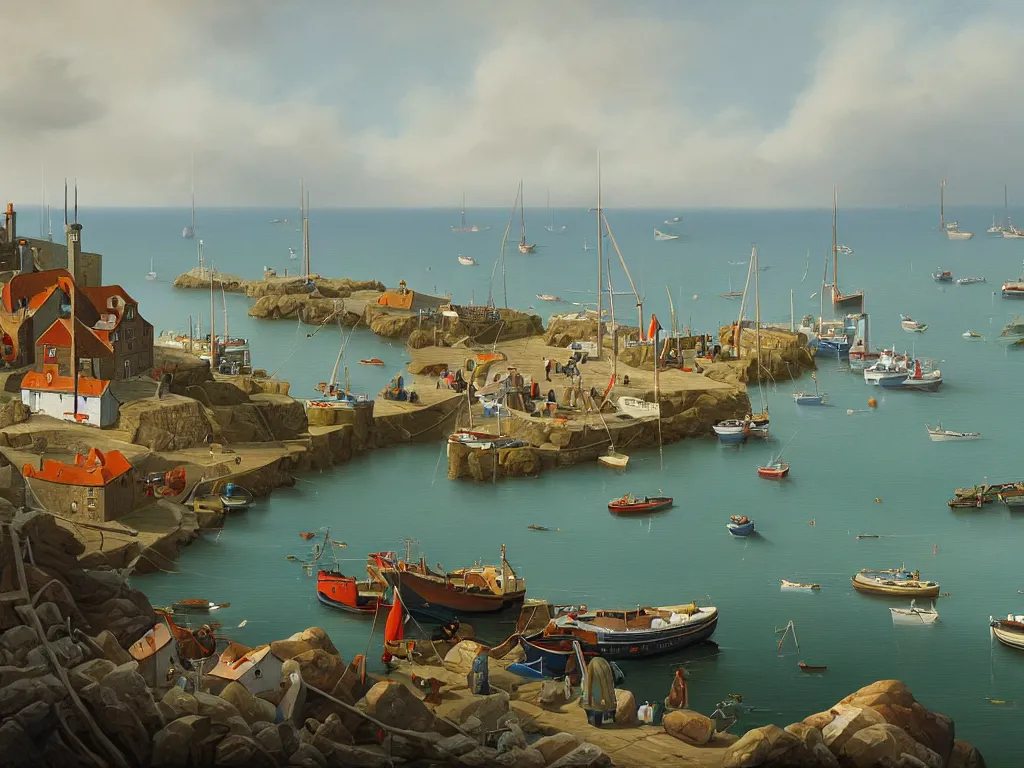 Image similar to a detailed gouache painting illustration of a typical English coastal fishing harbor, by Michiel Schrijver, ultra-hd, sharp focus, isometric