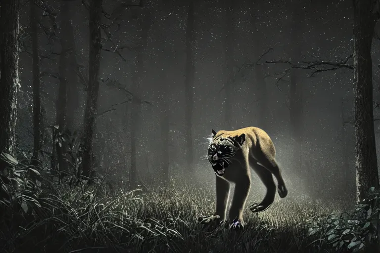 Prompt: a panther roaring in a forest during the night, large moon in the center. high quality. illustration. 4 k. cinematic. photoreal. highly detailed. dramatic. darkness. moon.