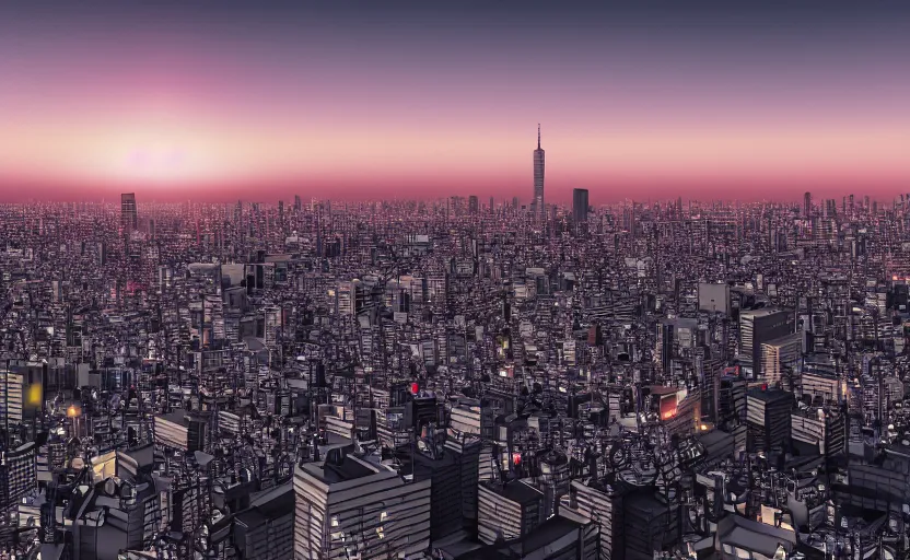 Prompt: blender render of tokyo city from a rooftop view, sunset lighting, unreal engine, hyper realism, realistic shading, cinematic composition, octane render, hdr, detailed textures, photorealistic, ultrawide shot, 1 6 mm lens