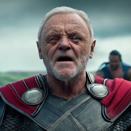Image similar to Anthony Hopkins as Thor, in the movie Thor: Love and Thunder, cinematic drone photography