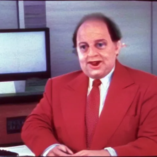 Image similar to 1985 Stewart Pankin as Bob Charles dressed in a red suit and necktie sitting at a news desk, videotape still from 1985