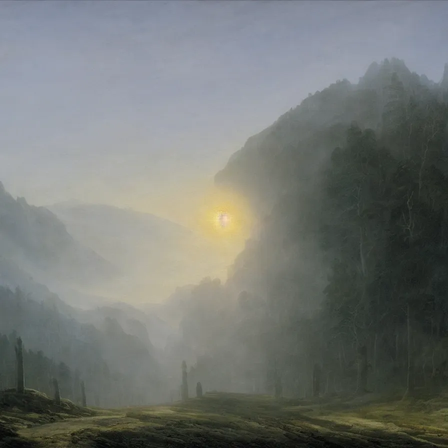 Prompt: highway road above the clouds, sharp rocky mountains, giant trees in the sky, colors, misty clouds, sun at dawn, brutalism, painting by caspar david friedrich