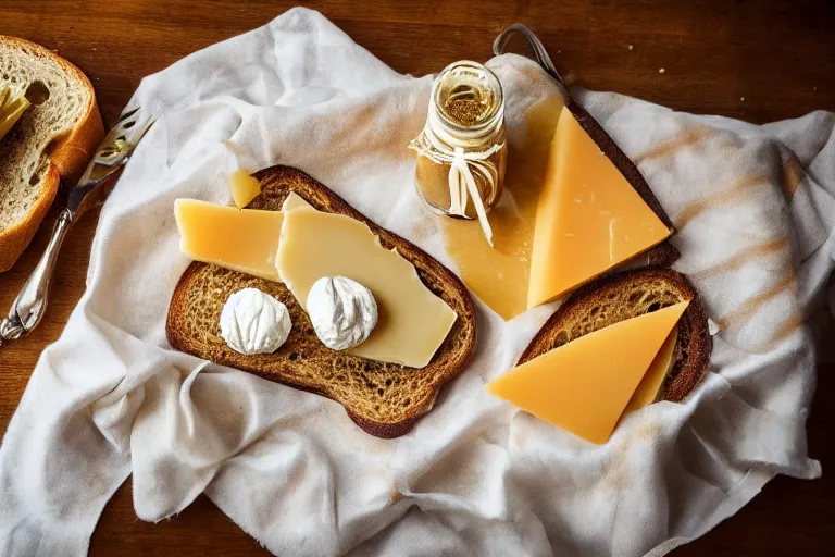 Image similar to 7 0 s food photography of an opulent spread of cheese on toast, on a velvet table cloth, dramatic diffused lighting