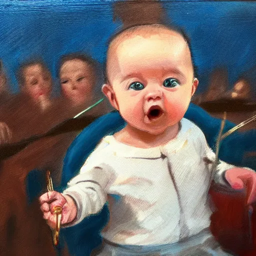 Prompt: the conductor of an orchestra but the conductor is a baby, illustration, oil painting, masterpiece.