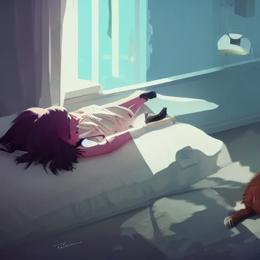 Image similar to a girl is lying on the bed and playing with her mobile phone, a ragdoll cat is lying on the side, characterized by roman shipunov, etienne hebinger, atey ghailan, cgsociety, fantasy art, 2 d game art